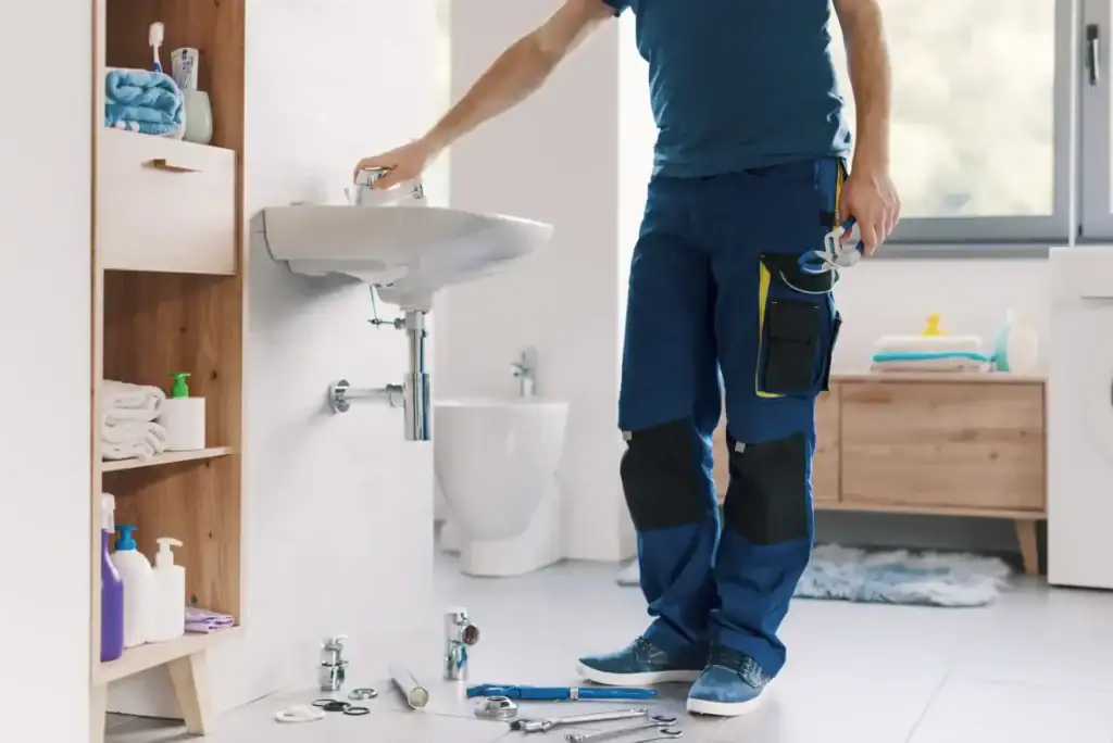 A plumber Pasco County professional in blue workwear stands next to a bathroom sink, adjusting the faucet. Various plumbing tools and parts are scattered on the white tile floor beside him. The bright, organized bathroom reflects his FL expertise.